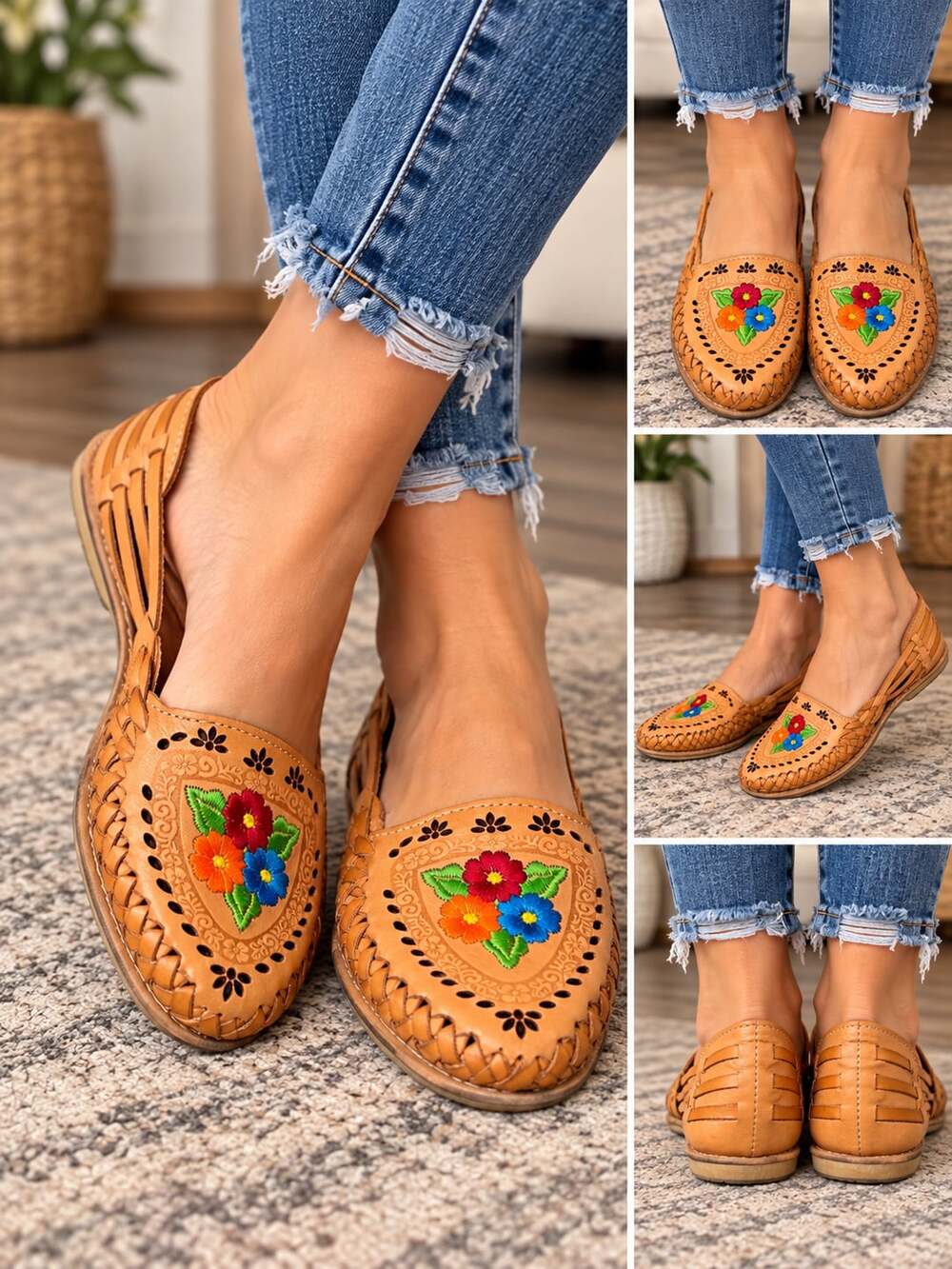 Rodeo Durango Lucia Nuez Colorful Flowers Huarache Tan Leather Flat Women’s 9